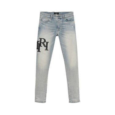 Amiri Staggered Logo Skinny Jean 'Antique Indigo/Black'
