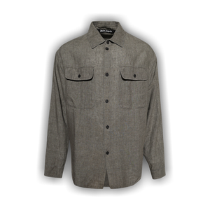 Palm Angels Curved Logo Linen Overshirt 'Military Grey'