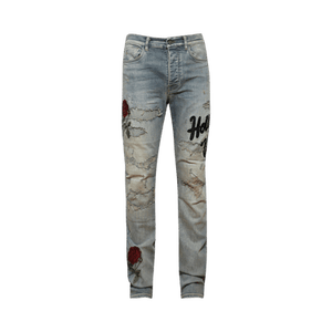 Amiri Floral Sequin Repaired Slim Jean 'Antique Indigo'