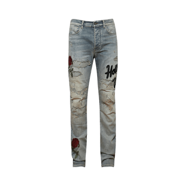 Amiri Floral Sequin Repaired Slim Jean 'Antique Indigo'